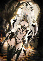 Rule 34 | 1girl, absurdres, black gloves, breasts, cleavage, cleavage cutout, clothing cutout, commentary request, elf, gloves, gradient background, grey eyes, headwear request, highres, huge breasts, long hair, looking at viewer, navel, original, pointy ears, ricci, smile, solo, thighhighs, white hair