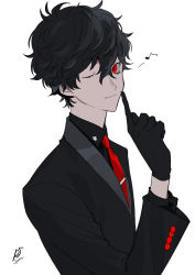Rule 34 | 1boy, alternate costume, amamiya ren, black gloves, black hair, black jacket, btmr game, copyright name, finger to mouth, formal, gloves, hair between eyes, index finger raised, jacket, long sleeves, male focus, musical note, one eye closed, persona, persona 5, red eyes, red neckwear, signature, simple background, solo, suit, upper body, white background
