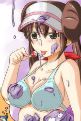 Rule 34 | 10s, 1girl, :p, blue bra, blue eyes, blush, bra, breasts, breath, brown hair, candy, creatures (company), double bun, dreaming, food, game freak, gen 1 pokemon, grimer, hair bun, highres, large breasts, lollipop, looking at viewer, nintendo, nishi koutarou, poke ball, pokemon, pokemon (creature), pokemon bw2, rosa (pokemon), sexually suggestive, sleeping, snorlax, suggestive fluid, tongue, tongue out, twintails, underwear, visor cap, zzz