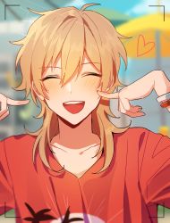Rule 34 | 1boy, :d, blonde hair, blurry, blurry background, blush, closed eyes, collarbone, commentary request, depth of field, doomie1, ensemble stars!, facing viewer, hair between eyes, hakaze kaoru, hands up, happy, heart, highres, male focus, medium hair, open mouth, print shirt, red shirt, shirt, smile, solo, teeth, upper body, upper teeth only