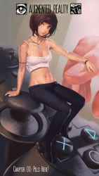 Rule 34 | 1girl, armband, augmented reality (ilya kuvshinov), bad cghub id, bad id, breasts, brown eyes, brown hair, cleavage, controller, crop top, denim, duck necklace, game console, game controller, high heels, ilya kuvshinov, jeans, jewelry, lips, midriff, mini person, minigirl, navel, necklace, pants, pendant, playstation symbols, short hair, tank top, watch, wristwatch