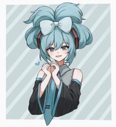Rule 34 | 1girl, aqua necktie, bare shoulders, blue background, blue bow, blush, bow, cinnamiku, collar, commentary, detached sleeves, eyelashes, frilled collar, frills, hair between eyes, hair bow, hair bun, hatsune miku, heart, heart hands, highres, looking at viewer, necktie, open mouth, sanrio, shiroha 148, shirt, single hair bun, sleeveless, sleeveless shirt, solo, striped, striped background, tie clip, updo, upper body, vocaloid, wide sleeves
