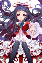 Rule 34 | 1girl, black thighhighs, bow, fingernails, flower, frilled skirt, frills, gradient eyes, higanbana (higanbana no saku yoru ni), higanbana no saku yoru ni, highres, kamaboko red, long fingernails, long hair, looking at viewer, multicolored eyes, outstretched hand, purple eyes, purple hair, reaching, reaching towards viewer, red eyes, ribbon, sitting, skirt, smile, solo, spider lily, thighhighs, transparent background