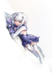 Rule 34 | 1girl, absurdres, bed sheet, melusine (fate), melusine (second ascension) (fate), fate/grand order, fate (series), highres, kanehira (nowisima), long hair, lying, no shoes, on side, solo, white background, white hair, white legwear, yellow eyes