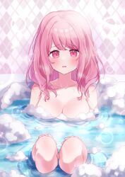 Rule 34 | 1girl, absurdres, bang dream!, bath, bathing, blush, breasts, cleavage, collarbone, hair down, highres, large breasts, long hair, looking at viewer, maruyama aya, meu203, nude, open mouth, pink eyes, pink hair, solo, steam, sweat