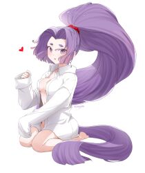 Rule 34 | 1girl, absurdly long hair, bottomless, breasts, dress shirt, hatsuharu (kancolle), hatsuharu kai ni (kancolle), highres, hikimayu, kantai collection, kimura shiki, long hair, medium breasts, naked shirt, open clothes, open shirt, ponytail, purple eyes, purple hair, shirt, simple background, sitting, sleeves past fingers, sleeves past wrists, solo, unbuttoned, very long hair, wariza, white background, white shirt