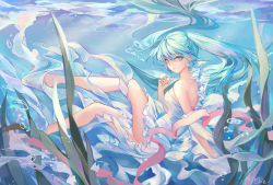 Rule 34 | 1girl, bad id, bad pixiv id, barefoot, blue eyes, blue hair, dress, earrings, floating hair, from side, hair between eyes, hatsune miku, jewelry, long hair, looking at viewer, qie, shell, shell earrings, sleeveless, sleeveless dress, solo, strapless, strapless dress, twintails, very long hair, vocaloid, white dress