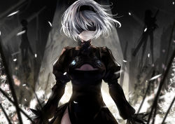 Rule 34 | 1boy, 2girls, black blindfold, black dress, black hairband, blindfold, breasts, cleavage cutout, clothing cutout, dress, facing viewer, feather-trimmed sleeves, flower, hairband, highres, long sleeves, mole, mole under mouth, multiple girls, nier (series), nier:automata, petals, puffy long sleeves, puffy sleeves, sanamisa, short hair, white hair, wind, 2b (nier:automata), 9s (nier:automata), a2 (nier:automata)