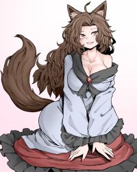 Rule 34 | 1girl, ahoge, animal ears, breasts, brown hair, cleavage, commentary request, dress, fang, fe (tetsu), frilled dress, frilled sleeves, frills, gradient background, highres, imaizumi kagerou, large breasts, long hair, long sleeves, open mouth, red eyes, smile, solo, tail, touhou, white dress, wide sleeves, wolf ears, wolf tail