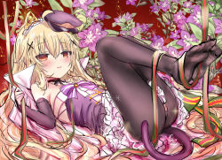 Rule 34 | 1girl, ahoge, black pantyhose, black sleeves, blonde hair, blush, bow, brown eyes, brown hat, commentary request, detached sleeves, dress, flower, flower knight girl, hair between eyes, hair ornament, hat, highres, kuko (flower knight girl), legs up, long sleeves, looking at viewer, lying, name connection, no shoes, object namesake, on back, pantyhose, parted lips, peaked cap, purple dress, purple flower, shiodome oji, sleeves past wrists, smile, soles, solo, striped, striped bow, thighs, tilted headwear, x hair ornament