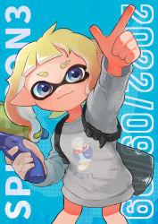 Rule 34 | 1girl, ahoge, blonde hair, blue background, blunt bangs, closed mouth, copyright name, dated, eyebrow cut, eyebrows, gradient hair, grey sweater, highres, holding, holding weapon, ink tank (splatoon), inkling, inkling (language), inkling girl, inkling player character, looking at viewer, multicolored hair, nintendo, no pants, nobody28, pointing, pointing up, pointy ears, purple eyes, short hair, simple background, single sidelock, smile, solo, splatoon (series), splatoon 3, splattershot (splatoon), squid girl, sweater, tentacle hair, tentacles, weapon