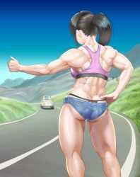 Rule 34 | 1girl, ass, black hair, breasts, butt crack, car, commentary, denim, denim shorts, facing away, from behind, gluteal fold, hand on own hip, hitchhiking, mora nobi, motor vehicle, muscular, muscular female, original, outdoors, panties, ponytail, road, short shorts, shorts, solo, sports bra, underwear, whale tail (clothing)