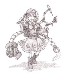 Rule 34 | 1girl, :d, absurdres, backpack, bag, belt, boots, graphite (medium), greyscale, hair bobbles, hair ornament, hat, highres, kawashiro nitori, key, mechanical arms, monochrome, one eye closed, open mouth, short hair, signature, single mechanical arm, skirt, smile, sogin, solo, tools, touhou, traditional media, twintails, two side up, wink, wrench