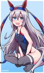 Rule 34 | 1girl, absurdres, ahoge, aiuti, animal ears, bad id, bad pixiv id, black one-piece swimsuit, blue background, blue eyes, commentary request, competition swimsuit, ear covers, flat chest, full body, grey thighhighs, highres, horse ears, horse girl, horse tail, indian style, long hair, looking at viewer, one-piece swimsuit, silver hair, sitting, smile, solo, swimsuit, tail, tamamo cross (umamusume), thighhighs, umamusume