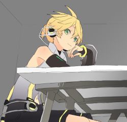 Rule 34 | 1boy, arm support, bare shoulders, belt, black shorts, black sleeves, blonde hair, cheek rest, d futagosaikyou, detached sleeves, from below, green eyes, grey shirt, harness, headphones, highres, kagamine len, light smile, looking at viewer, looking to the side, male focus, navel, shirt, short ponytail, shorts, sleeveless, sleeveless shirt, solo, spiked hair, table, vocaloid, vocaloid append