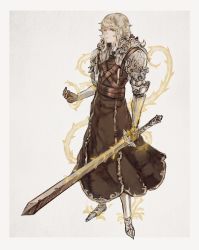 Rule 34 | 1boy, armor, belt, brown belt, brown eyes, brown gloves, brown hair, closed mouth, gloves, greaves, highres, holding, holding sword, holding weapon, ito (silva), long hair, magic, male focus, original, pauldrons, shoulder armor, sketch, solo, sword, thorns, two-tone background, weapon