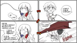 Rule 34 | 3girls, 4koma, :d, puff of air, arrow (symbol), closed eyes, closed mouth, clothing cutout, comic, commentary request, contender (girls&#039; frontline), crossed bangs, destroyer (girls&#039; frontline), drooling, gaia (girls&#039; frontline), gameplay mechanics, girls&#039; frontline, hair between eyes, holding, holding rope, korean text, long hair, madcore, magnet, midriff, monochrome, motion lines, multiple girls, navel, neck ribbon, ntw-20 (girls&#039; frontline), open mouth, ribbon, rope, sailor collar, sangvis ferri, see-through, shaded face, shirt, short hair, short sleeves, shrugging, simple background, skirt, smile, solid circle eyes, steel beam, sweatdrop, throwing, translation request, twintails, underboob cutout, white background