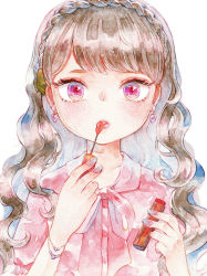 Rule 34 | 1girl, bad id, bad pixiv id, blush, bracelet, braid, brown hair, collarbone, commentary, earrings, eyelashes, hair ornament, holding, jewelry, long hair, looking at viewer, makeup, nail polish, oharu-chan, original, painting (medium), purple eyes, ribbon, short sleeves, solo, symbol-only commentary, traditional media, upper body, watercolor (medium), wavy hair