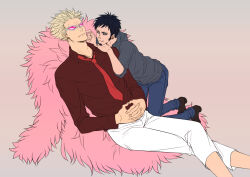 Rule 34 | 2boys, black hair, blonde hair, blue panties, capri pants, cheese neko3, closed mouth, donquixote doflamingo, earrings, feather coat, finger to another&#039;s cheek, height difference, hood, hoodie, jewelry, looking at another, male focus, multiple boys, necktie, one piece, panties, pants, short hair, sitting, sunglasses, trafalgar law, underwear