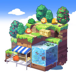 Rule 34 | 43, air bubble, awning, blue sky, blush, blush stickers, brown eyes, bubble, bush, cave, cloud, commentary request, coral, day, fish, fruit tree, full body, grass, isometric, kirby (series), lily pad, maxim tomato, nintendo, no humans, path, road, rock, scenery, sign, simple background, sky, stairs, star (symbol), star block, tree, waddle dee, walking, water, white background, window