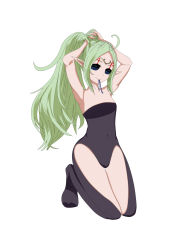 Rule 34 | 1girl, absurdres, alternate costume, alternate eye color, baby (dragon ball), bare arms, bare shoulders, blank eyes, blue eyes, corruption, crossover, dark persona, dragon ball, dragon ball gt, facial mark, fire emblem, fire emblem awakening, green hair, hairband, highres, intelligent systems, kneeling, long hair, looking at viewer, mouth hold, nintendo, nowi (fire emblem), pointy ears, possessed, possession, ravensama1, smile, thighs, toei animation, tying hair, white background