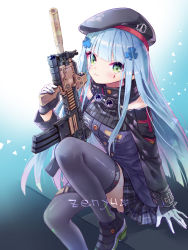 Rule 34 | 1girl, artist name, assault rifle, beret, black skirt, blue hair, blue thighhighs, blush, detached sleeves, facial mark, girls&#039; frontline, gloves, green eyes, gun, h&amp;k hk416, hand up, hat, heckler &amp; koch, highres, hk416 (girls&#039; frontline), holding, holding gun, holding weapon, knee up, long hair, looking at viewer, military, military uniform, parted lips, plaid, plaid skirt, pleated skirt, rifle, sidelocks, signature, sitting, skirt, solo, star (symbol), teardrop, thighhighs, uniform, weapon, white gloves, zenyu