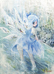 Rule 34 | 1girl, bloomers, blouse, blue bow, blue dress, blue eyes, blue hair, bow, cirno, commentary request, dress, finale inoue, hair bow, highres, ice, ice wings, looking at viewer, looking back, oil painting (medium), painting (medium), puffy short sleeves, puffy sleeves, shirt, short hair, short sleeves, sideways glance, signature, skirt hold, solo, touhou, traditional media, underwear, wading, water, white shirt, wings