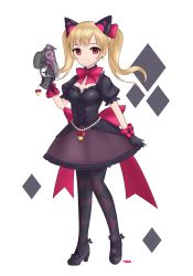 Rule 34 | 1girl, absurdres, animal ears, argyle, argyle clothes, argyle legwear, bad id, bad pixiv id, bell, black cat d.va, black dress, black footwear, black gloves, blonde hair, bow, bowtie, breasts, cat ears, charm (object), cleavage, corset, d.va (overwatch), dress, earrings, frilled dress, frills, full body, gamoja, gloves, gun, handgun, heart, heart earrings, high heels, highres, holding, holding gun, holding weapon, jewelry, jingle bell, large bow, light smile, lolita fashion, looking at viewer, medium breasts, medium hair, official alternate costume, overwatch, overwatch 1, pantyhose, pink bow, pistol, puffy short sleeves, puffy sleeves, purple skirt, red eyes, short sleeves, signature, simple background, skirt, solo, twintails, weapon, white background
