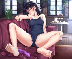Rule 34 | 1girl, arm at side, barefoot, black hair, blue eyes, blush, bow, braid, breasts, brick wall, cake, cake stand, cameltoe, carpet, closed mouth, collarbone, competition school swimsuit, couch, covered erect nipples, covered navel, cup, egg vibrator, feet, food, hair bow, head tilt, highres, indoors, jack dempa, long hair, medium breasts, on couch, one-piece swimsuit, original, plant, pussy juice, school swimsuit, sex toy, sitting, skin tight, soles, solo, spread legs, sweat, swimsuit, table, tiered tray, vibrator, wavy mouth, white bow, window, wooden floor