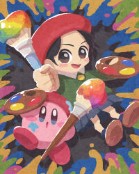 Rule 34 | 1girl, adeleine, artist kirby, beret, blue eyes, blue skirt, blush stickers, brown eyes, brown footwear, copy ability, green sweater, hat, highres, holding, holding paintbrush, kirby, kirby (series), looking at viewer, miclot, nintendo, open mouth, paint splatter, paintbrush, palette (object), pink footwear, red headwear, shoes, skirt, smile, sweater