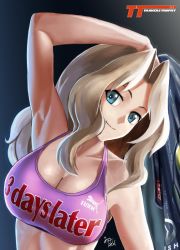 Rule 34 | 10s, 1girl, abazu-red, arm up, armpits, artist name, blonde hair, blue eyes, breasts, cleavage, closed mouth, english text, girls und panzer, head tilt, holding, holding clothes, holding jacket, jacket, kay (girls und panzer), large breasts, light smile, logo, long hair, looking at viewer, purple shirt, shirt, signature, solo, sports bra, upper body