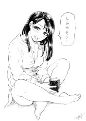Rule 34 | 1girl, :d, bad id, bad twitter id, barefoot, blush, breasts, check translation, cleavage, commentary request, cup, greyscale, head tilt, highres, holding, holding cup, indian style, jewelry, looking at viewer, medium breasts, medium hair, monochrome, necklace, nikaidou kou, open mouth, original, shirt, signature, simple background, sitting, smile, solo, speech bubble, translated, translation request, white background