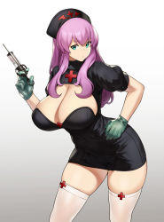 Rule 34 | 1girl, breasts, cleavage, closed mouth, cowboy shot, cross, crossed bangs, gloves, gradient background, green eyes, green gloves, hair between eyes, hand on own hip, hat, high collar, highres, holding, holding syringe, houtengeki, huge breasts, large breasts, leaning forward, long hair, looking at viewer, nurse, nurse cap, original, pink hair, puffy short sleeves, puffy sleeves, red cross, short sleeves, simple background, skindentation, solo, standing, syringe, thighhighs, white thighhighs, zettai ryouiki