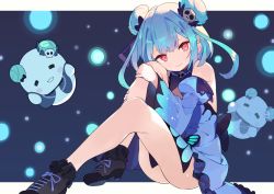 Rule 34 | 1girl, animal print, bare shoulders, black background, black footwear, blue dress, blush, brooch, butterfly print, closed mouth, detached sleeves, double bun, dress, full body, ghost, green hair, hair bun, hair ornament, hair ribbon, hajime (hajime-ill-1st), high heels, highres, hololive, hugging own legs, jewelry, knees up, legs, looking at viewer, red eyes, ribbon, short hair, sitting, skull hair ornament, smile, solo, thighs, uruha rushia, uruha rushia (1st costume), virtual youtuber