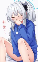 Rule 34 | 1girl, blue archive, blue halo, blue hoodie, blush, braid, check commentary, check translation, closed eyes, commentary request, covering own mouth, feet out of frame, female masturbation, fingernails, grey hair, halo, highres, hood, hood down, hoodie, long hair, long sleeves, masturbation, miyako (blue archive), miyako (young) (blue archive), nenosame, one side up, pom pom (clothes), pussy juice, simple background, sitting, solo, translation request