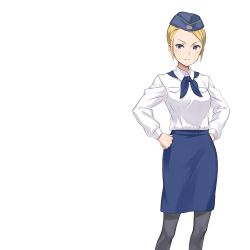 Rule 34 | 1girl, black pantyhose, blonde hair, blue eyes, blue hat, blue ribbon, blue skirt, hands on own hips, hat, long hair, looking at viewer, official art, pantyhose, pocket, princess principal, princess principal game of mission, ribbon, short hair, skirt, solo, standing, transparent background