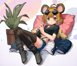 Rule 34 | 1girl, aged down, ahoge, animal ears, belt, black footwear, black shirt, black thighhighs, blunt bangs, boots, breasts, brown hair, chunrijun (springer), closed mouth, cocking gun, crop top, expressionless, eyewear on head, girls&#039; frontline, grizzly mkv (girls&#039; frontline), grizzly mkv (teddy transform!) (girls&#039; frontline), gun, handgun, highres, holding, holding gun, holding weapon, jacket, knee boots, l.a.r. manufacturing, lar grizzly win mag, long hair, looking at viewer, lying, medium breasts, official alternate costume, on back, pillow, pistol, plant, potted plant, purple eyes, shirt, short shorts, short sleeves, shorts, solo, sunglasses, thighhighs, unworn jacket, weapon