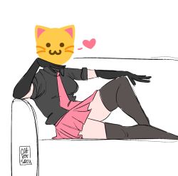 Rule 34 | 1girl, :3, artist name, black gloves, black shirt, black thighhighs, cat, christina guo, collared shirt, commentary, couch, couple, elbow gloves, elbow rest, english commentary, feet out of frame, gloves, heart, highres, knee up, looking at viewer, miniskirt, necktie, nyah (christina guo), on couch, original, pink necktie, pink skirt, pleated skirt, shirt, short sleeves, simple background, sitting, skirt, solo, spoken heart, thighhighs, white background, wing collar