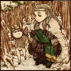 Rule 34 | 1boy, blonde hair, creatures (company), crossover, deerling, elf, forest, game freak, gen 5 pokemon, legolas, long hair, middle earth, nature, nintendo, pointy ears, pokemon, pokemon (creature), scarf, snow, winter clothes