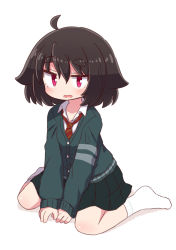 Rule 34 | 1girl, ahoge, artist self-insert, between legs, black hair, blush, collared shirt, commentary request, diagonal-striped clothes, diagonal-striped necktie, diagonal-striped neckwear, full body, green jacket, green skirt, hair between eyes, hand between legs, highres, jacket, long sleeves, looking at viewer, naga u, necktie, no shoes, original, parted lips, pleated skirt, red eyes, red necktie, shirt, sitting, skirt, sleeves past wrists, socks, solo, striped clothes, striped necktie, striped neckwear, thick eyebrows, wariza, wavy mouth, white background, white shirt, white socks