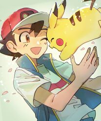 Rule 34 | 1boy, ;d, ash ketchum, brown eyes, brown hair, commentary, creatures (company), falling petals, game freak, gen 1 pokemon, happy, hat, highres, male focus, nao (naaa 195), nintendo, one eye closed, open mouth, petals, pikachu, pokemon, pokemon (anime), pokemon (creature), pokemon journeys, red headwear, shirt, short hair, short sleeves, sleeveless, sleeveless jacket, smile, symbol-only commentary, t-shirt