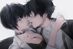 Rule 34 | 10s, 1boy, 1girl, amamiya ren, black hair, blush, breasts, choker, cleavage, coat, couple, half-closed eyes, hetero, imminent kiss, jewelry, lips, long sleeves, looking at another, necklace, open mouth, persona, persona 5, short hair, simple background, suspenders, takemi tae, tooru fuyuse, white background, white coat