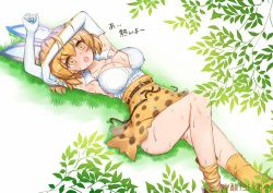 Rule 34 | 10s, 1girl, animal ears, armpits, artist name, blush, breasts, cleavage, collarbone, elbow gloves, gloves, kemono friends, large breasts, looking at viewer, lying, on back, open mouth, orange eyes, orange hair, orange skirt, serval (kemono friends), short hair, skirt, solo, sweat, tansan daisuki, translated, white gloves