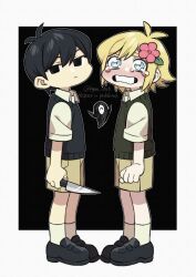 Rule 34 | 2boys, absurdres, basil (faraway) (omori), basil (omori), black eyes, black footwear, black hair, black sweater vest, blonde hair, blue eyes, brown shorts, chibi, closed mouth, collared shirt, crying, crying with eyes open, expressionless, flower, green sweater vest, hair flower, hair ornament, highres, holding, holding knife, kageimo, knife, multiple boys, omori, shirt, short hair, shorts, socks, something (omori), sunny (omori), sweater vest, tears, twitter username, white shirt, white socks