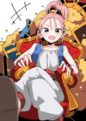 Rule 34 | 1girl, :d, black eyes, blue vest, blush, chair, collarbone, crossed legs, crown, dragon quest, dragon quest iii, glint, gold, looking at viewer, merchant (dq3), open clothes, open mouth, open vest, pink hair, ponytail, sash, short hair, short ponytail, sitting, smile, solo, sparkle, taniya raku, teeth, unitard, v-shaped eyebrows, vase, vest, white background, white unitard, wristband