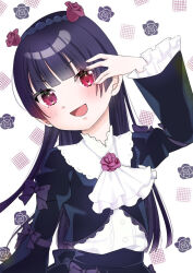 ascot black_hair black_jacket black_skirt blush bow collar floral_background frilled_collar frilled_jacket frills gokou_ruri gothic_lolita hand_on_own_face head_tilt hime_cut jacket lolita_fashion long_hair open_mouth ore_no_imouto_ga_konna_ni_kawaii_wake_ga_nai red_eyes rose_background shirt skirt smile upper_body vshamv white_ascot white_collar white_shirt