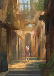 Rule 34 | 1girl, arrow (projectile), backpack, bag, facing away, highres, hood, hoodie, kouka (mrakano5456), looking away, original, plant, potted plant, scenery, sign, solo, translation request
