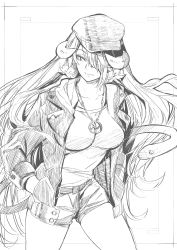 Rule 34 | 1girl, absurdres, belt, breasts, demon horns, greyscale, hair over one eye, hands in pockets, hat, highres, horns, jacket, jewelry, kojima takeshi, light smile, monochrome, necklace, original, shorts, snake, solo, tail