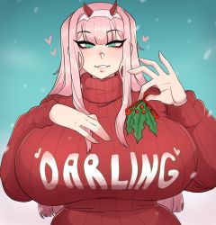 Rule 34 | 1girl, absurdres, aqua eyes, blunt bangs, breasts, christmas, darling in the franxx, heart, highres, huge breasts, inkbuns, long hair, looking at viewer, mistletoe, pink hair, smile, snow, solo, sweater, turtleneck, upper body, zero two (darling in the franxx)