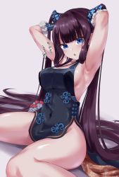 Rule 34 | 1girl, armpits, arms up, bare shoulders, black dress, blue eyes, blunt bangs, breasts, china dress, chinese clothes, covered navel, double bun, dress, fate/grand order, fate (series), hair bun, long hair, looking at viewer, medium breasts, open mouth, purple hair, shiny skin, short dress, sitting, solo, thighs, twintails, urayama (backmountain), yang guifei (fate), yang guifei (second ascension) (fate)